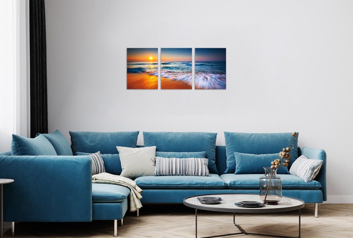 TutuBeer 3 Panel Beach Canvas Wall Art for Home Decor Blue Sea Sunset White Beach Painting the Picture Print on Canvas Seascape the Pictures for Home Decor Decoration,Ready to Hang