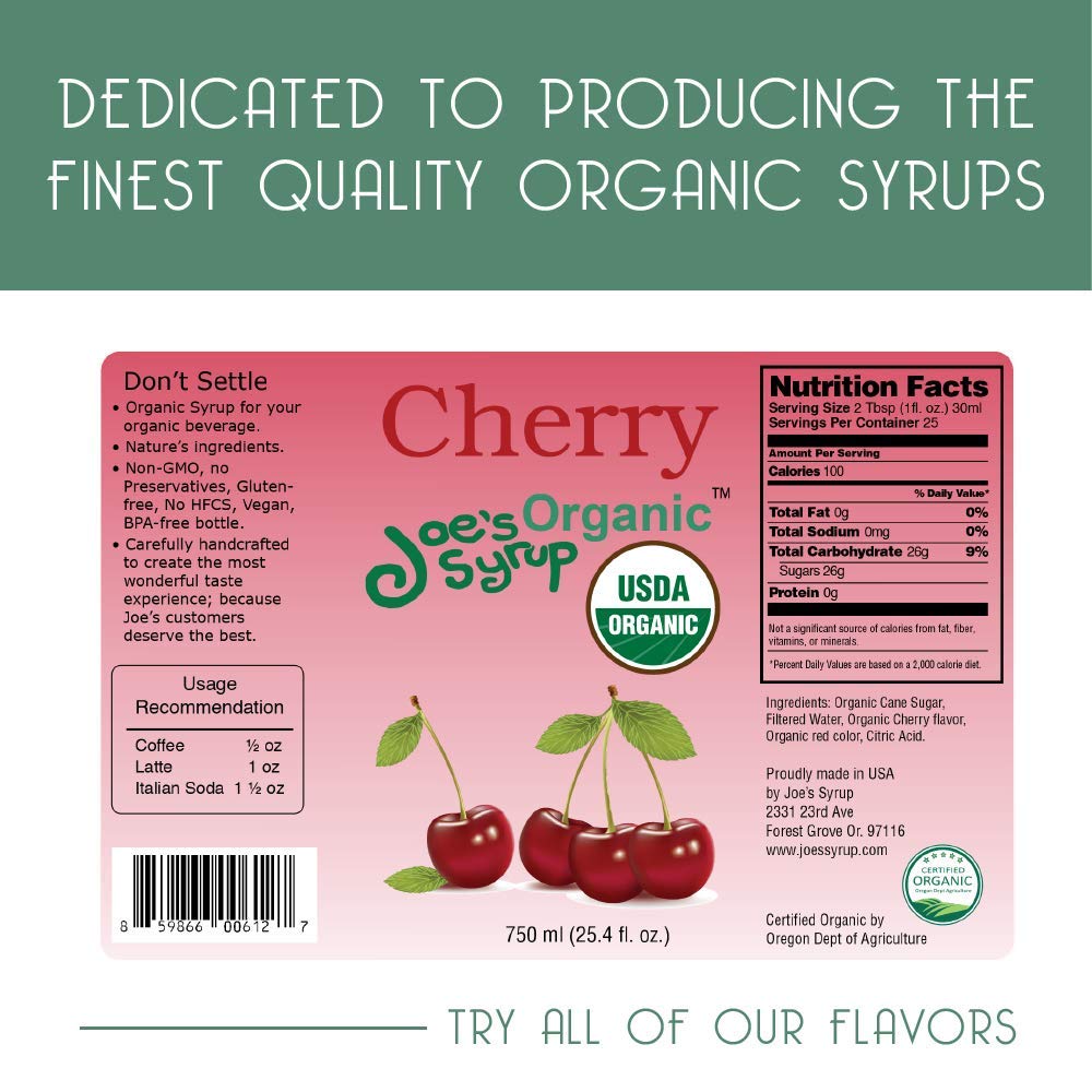 Joe’s Syrup Organic Flavored Syrup, Organic Strawberry, 750 ml | Vegan, gluten-free, Non-GMO, no HFCS; for cocktails & desserts