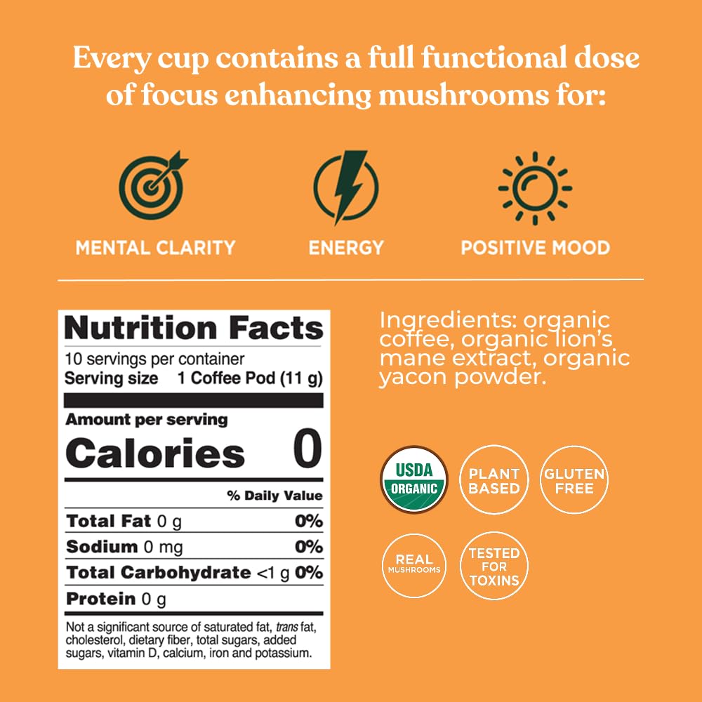 Four Sigmatic Mushroom Coffee K-Cups | Organic Dark Roast Coffee with Lion’s Mane Mushroom Powder & Yacon | Focus & Immune Support | Vegan & Keto