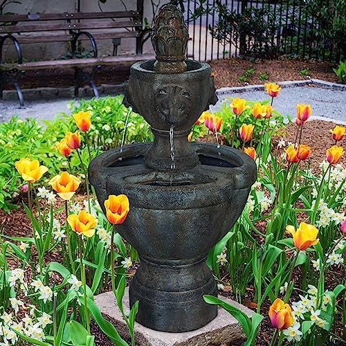 Outdoor Fountain – Polyresin 2-Tier Water Feature with Lion Head Details and Realistic Stone Appearance – Yard Art with Soothing Sound by Pure