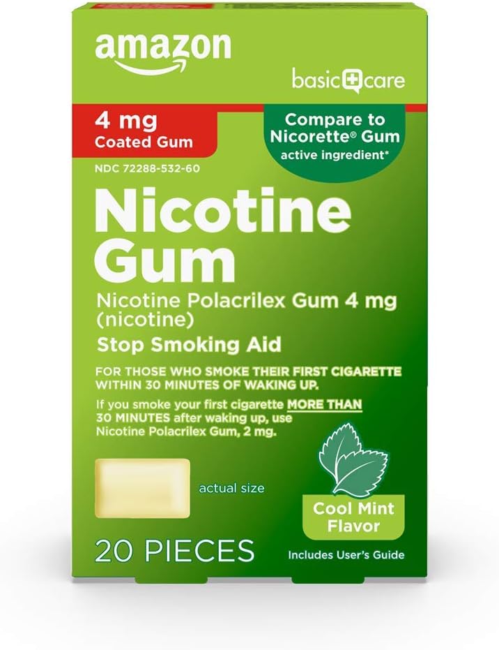 Amazon Basic Care Nicotine Polacrilex Coated Gum 4 mg (nicotine), Cinnamon Flavor, Stop Smoking Aid, Quit Smoking, Reduces Nicotine Cravings, 160 Count