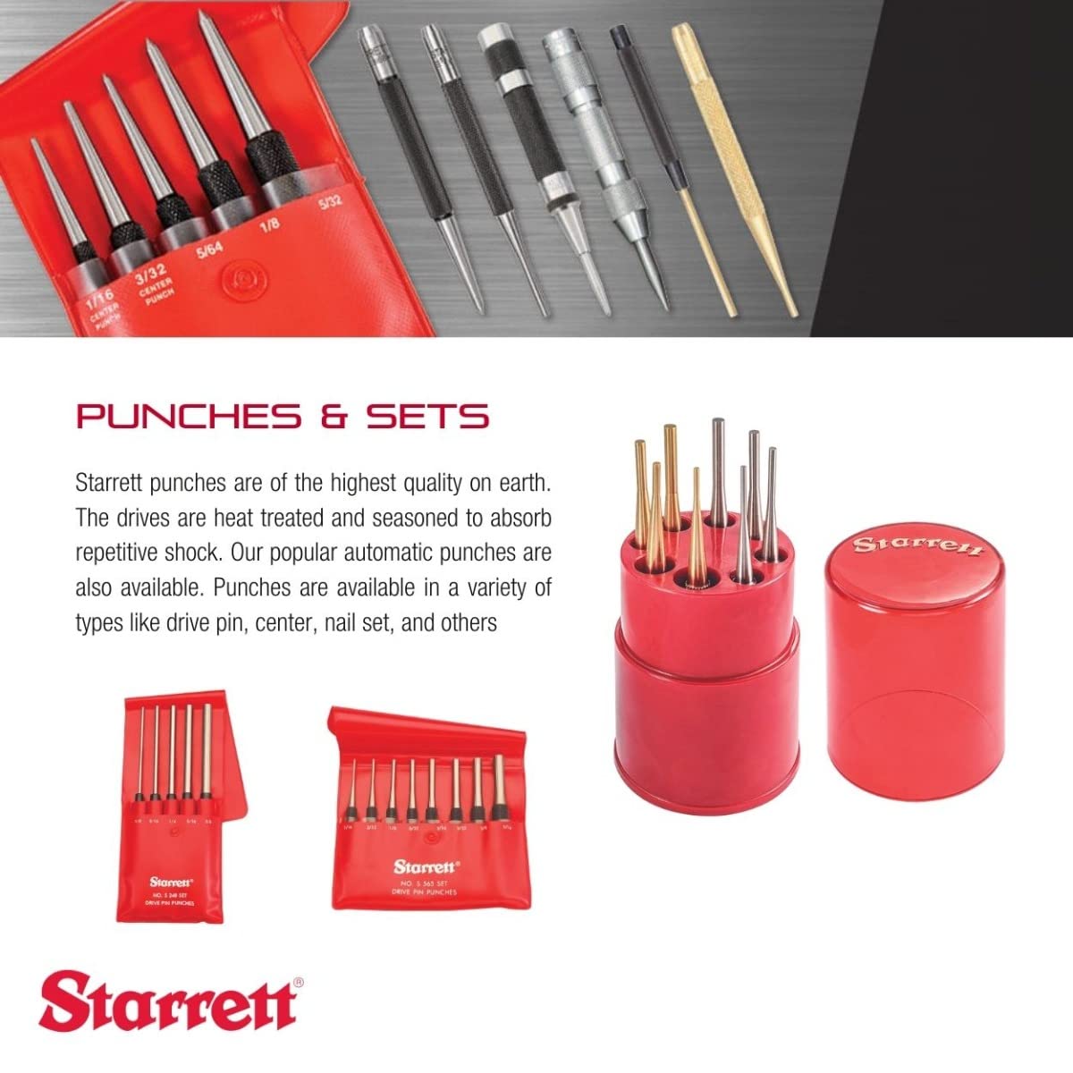 Starrett Brass Drive Pin Punch Set, 4" Length, 1/16"-5/16" Dia, 8 Pieces | With Knurled Grip in Protective Fabric Pouch, Non-Sparking