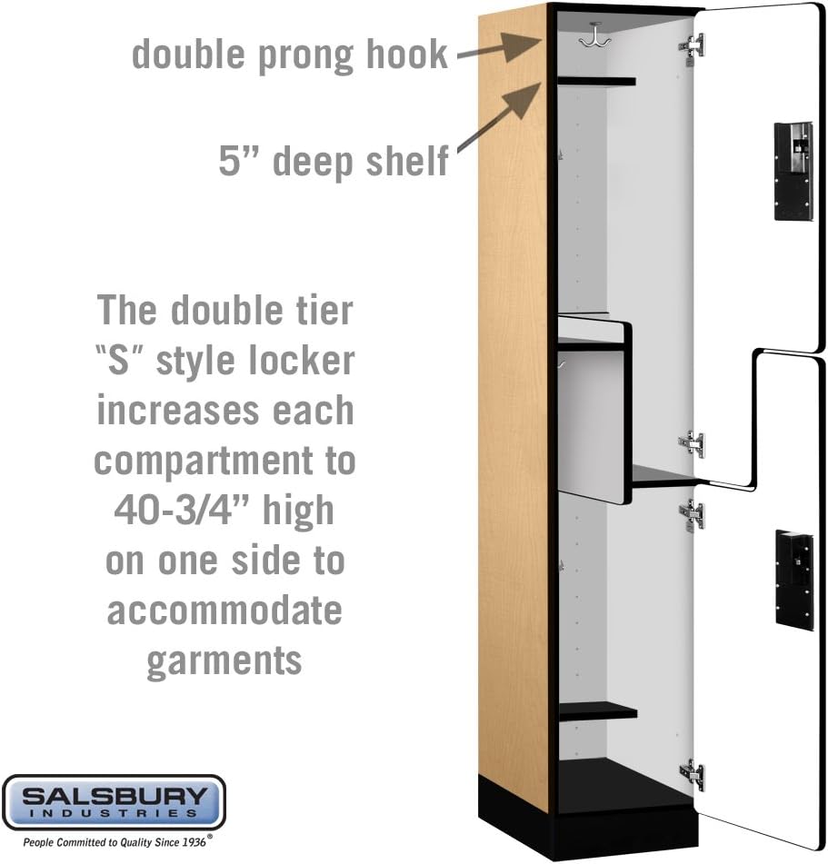 Salsbury Industries 2-Tier S-Style Extra Wide Designer Wood Locker with One Wide Storage Unit, 6-Feet High by 18-Inch Deep, Mahogany