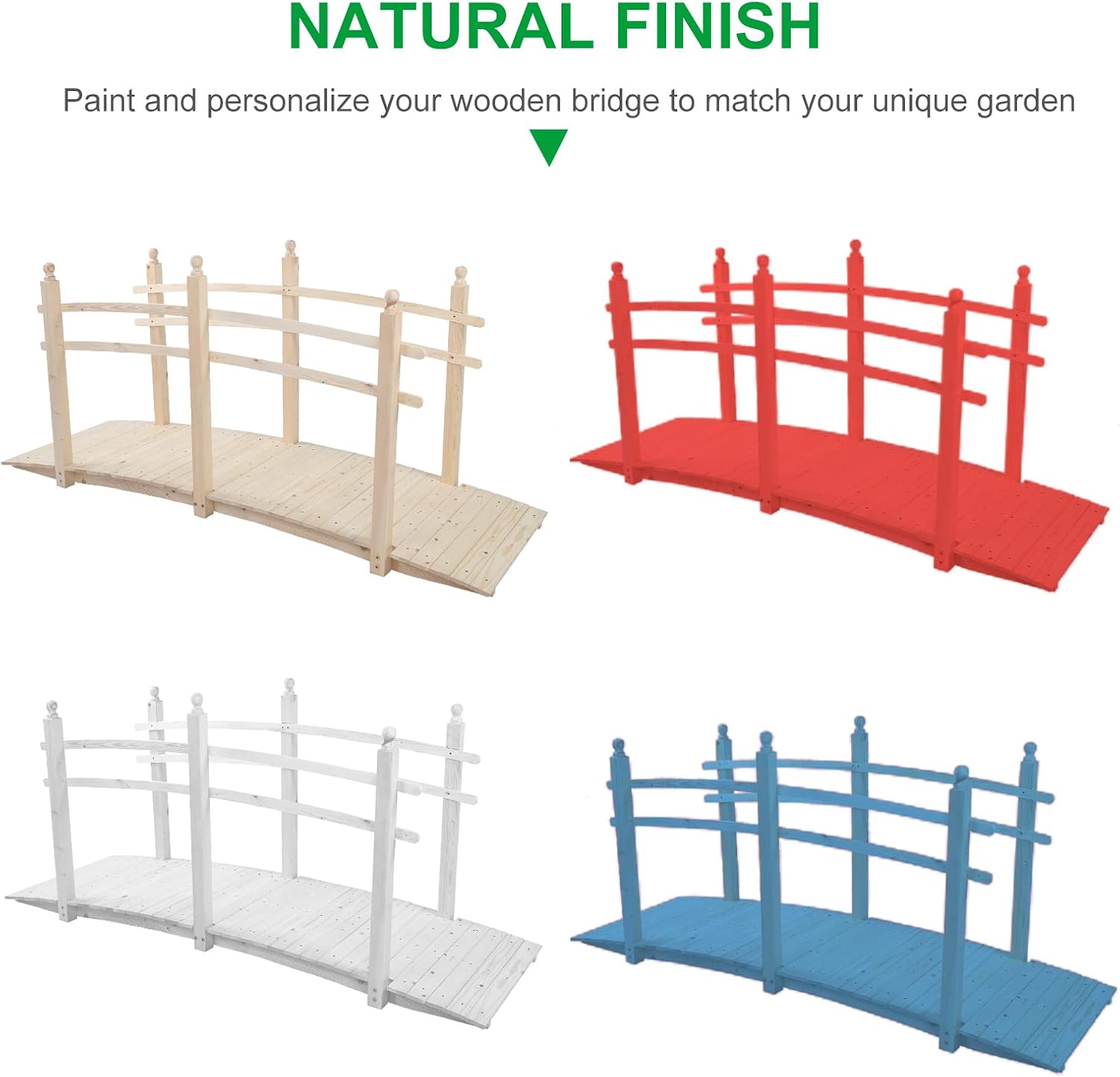 VINGLI 5 ft Garden Bridge, Classic Wooden Arch with Safety Rails Stained Finished Footbridge, Decorative Pond Landscaping, Backyard, Creek or Farm