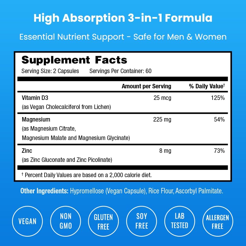 Magnesium Zinc & Vitamin D3 Supplement - Most Bioavailable Forms, Magnesium Glycinate, Malate, Citrate - Bone, Muscle & Heart Health