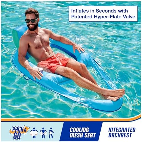 SwimWays Spring Float Recliner Chair for Swimming Pool, Inflatable Pool Floats Adult with Fast Inflation, Cup Holder & Foot Rest for Ages 15 & Up