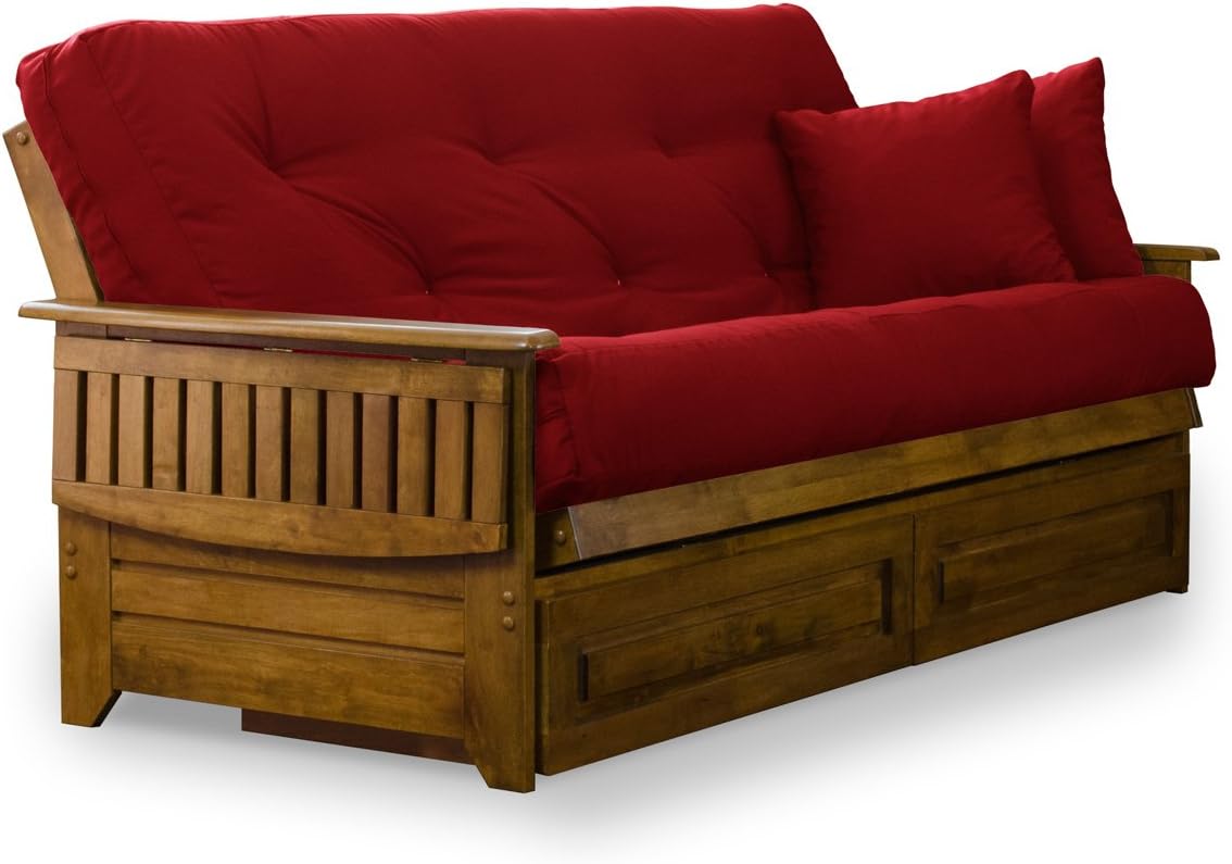 Brentwood Tray Arm Futon Frame, Drawers, and Khaki Mattress Set - Queen, Rich Heritage Finish
