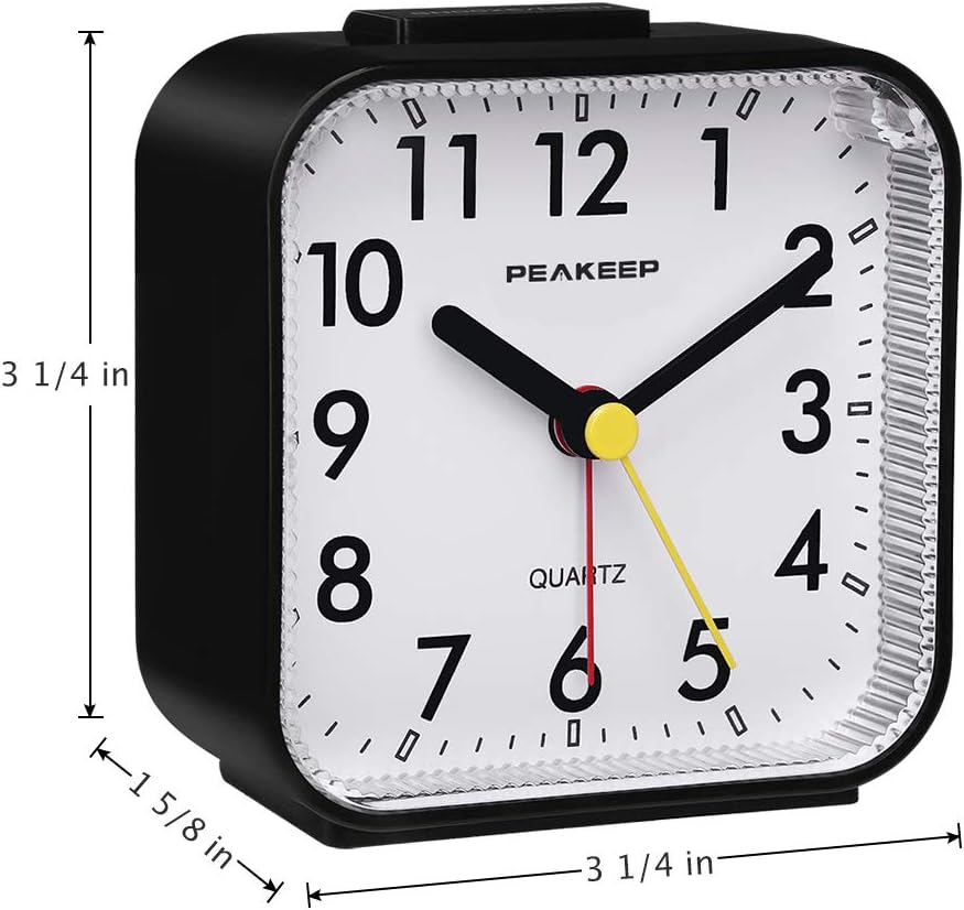 Peakeep Small Battery Operated Analog Travel Alarm Clock Silent | No Ticking, Lighted on Demand and Snooze, Beep Sounds, Gentle Wake, Ascending Alarm, Easy Set (Black)