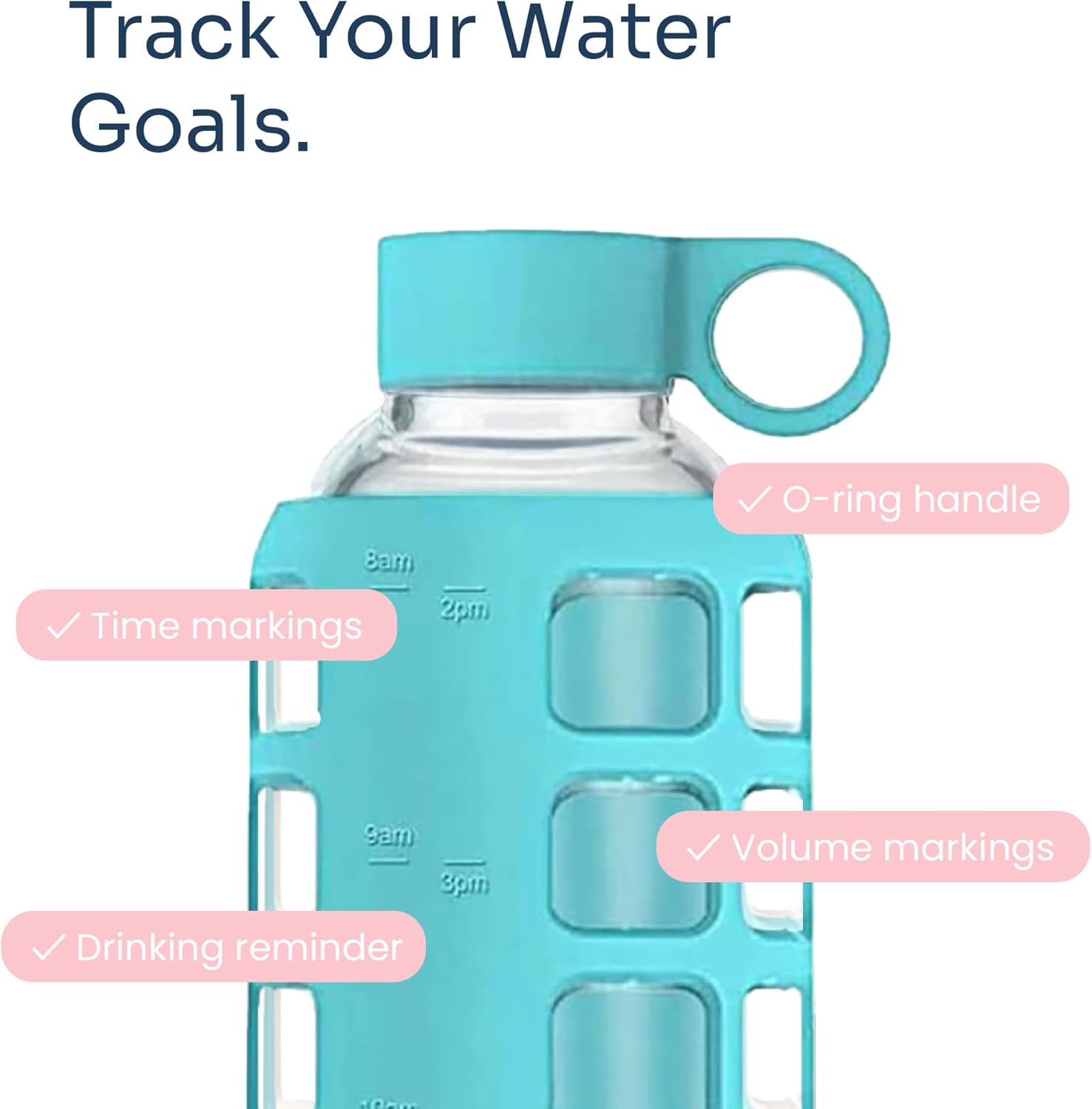 purifyou 40oz / 32oz / 22oz / 12oz Borosilicate Glass Water Bottle with Time & Volume Markers, Silicone Sleeve