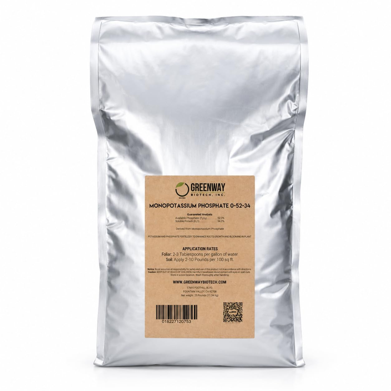 Greenway Biotech, Inc. Monopotassium Phosphate Fertilizer 0-52-34-100% Water Soluble Hydroponics for Root Strength - Increase Yield and Blooming - High Purity Plant Nutrient Formula - 2 Pounds