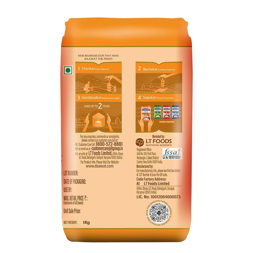 Daawat Pulav Basmati Rice | Naturally Aged Long & Slender Grains | Fluffy Non-Sticky Texture | Perfect for Pulav & Everyday Meals, 1 kg (2.2 lb)