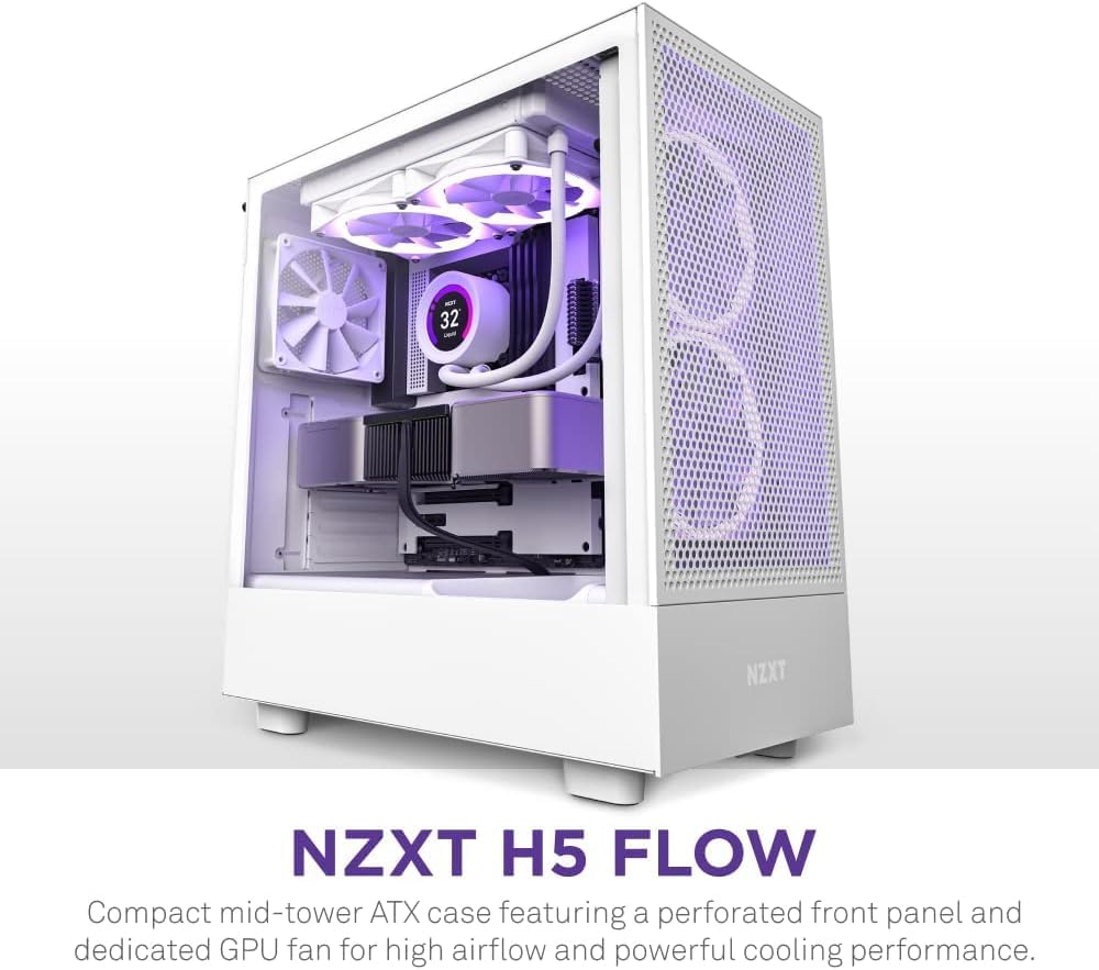 NZXT H5 Flow RGB - Compact ATX Mid-Tower PC Case - White | Compact mid-tower with included F360 RGB Core fans, 360mm radiator support, tempered glass. CAM-ready RGB out of the box.