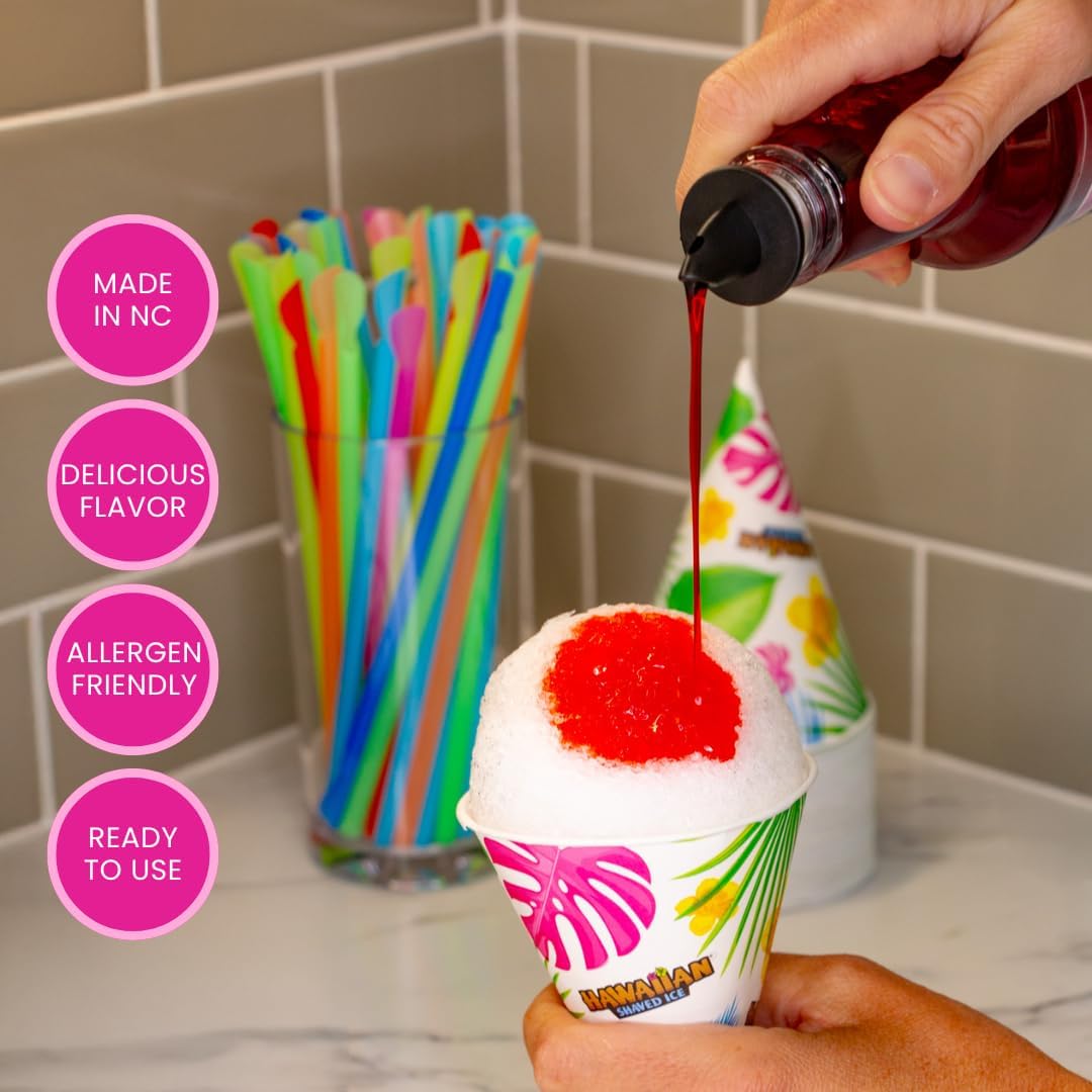 Hawaiian Shaved Ice Syrup Assortment with 3 - 16oz Bottles, 25 Snow Cone Cups, 25 Spoon Straws, and 3 Pouring Spouts. Flavors: Cherry, Blue Raspberry