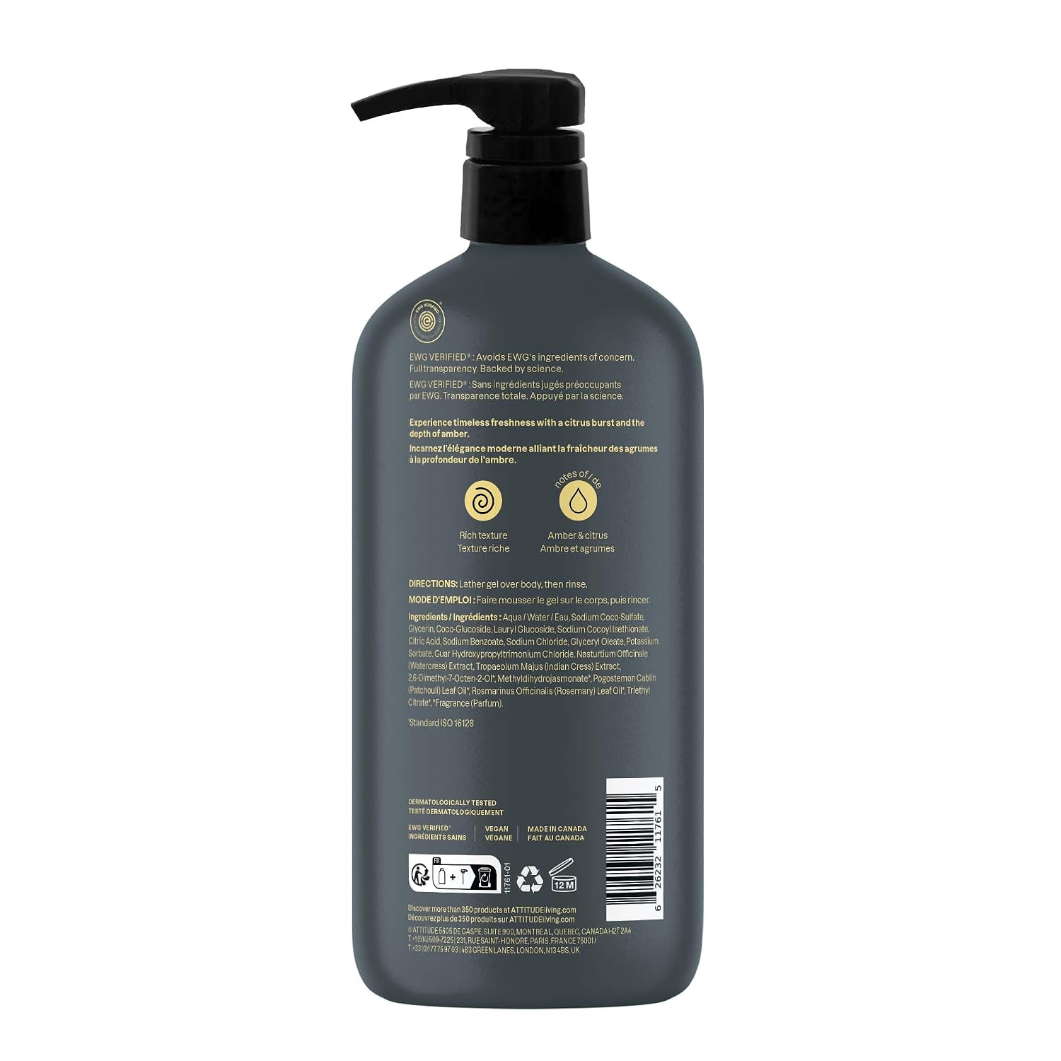 ATTITUDE Body Wash, EWG Verified Shower Gel, Dermatologically Tested, Plant and Mineral-Based, Vegan Personal Care Products, Earl Grey & Fresh Cucumber, 16 Fl Oz