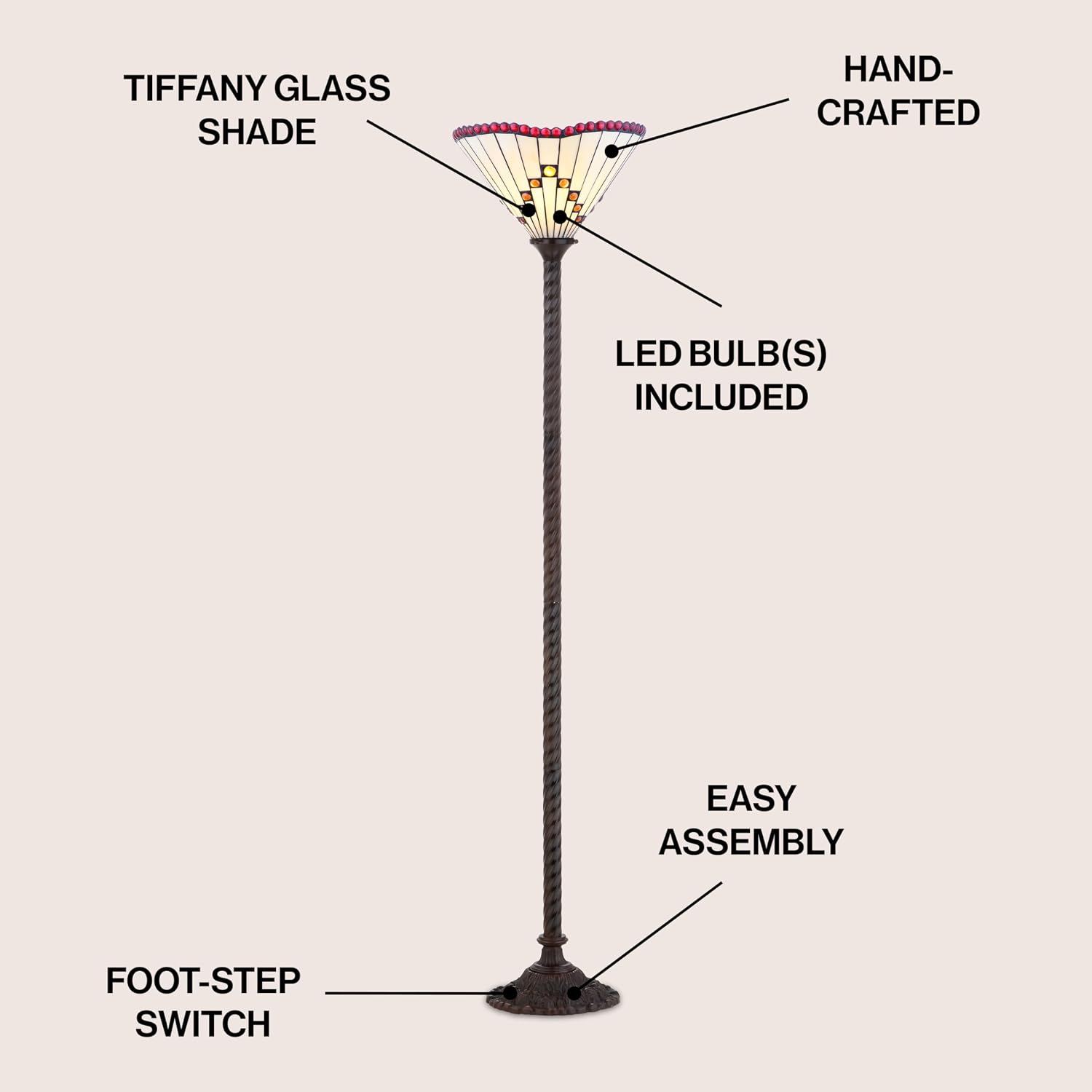 JONATHAN Y Smith 70.5" Tiffany-Style Torchiere Floor Lamp, Bronze | Handcrafted Multicolor Stained Glass Shade, Barley-Twist Metal Base, Foot Switch