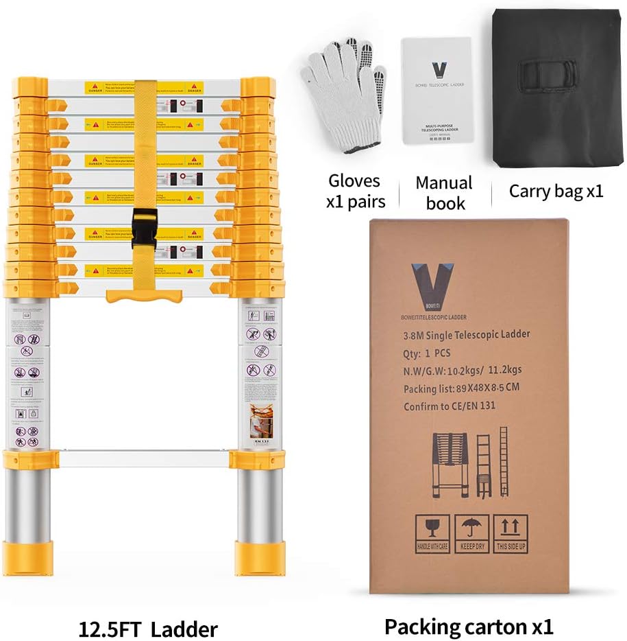 Telescoping Extension Ladder 12.5FT, Aluminum Telescopic Ladders with Carry Bag for Outdoor Indoor Use