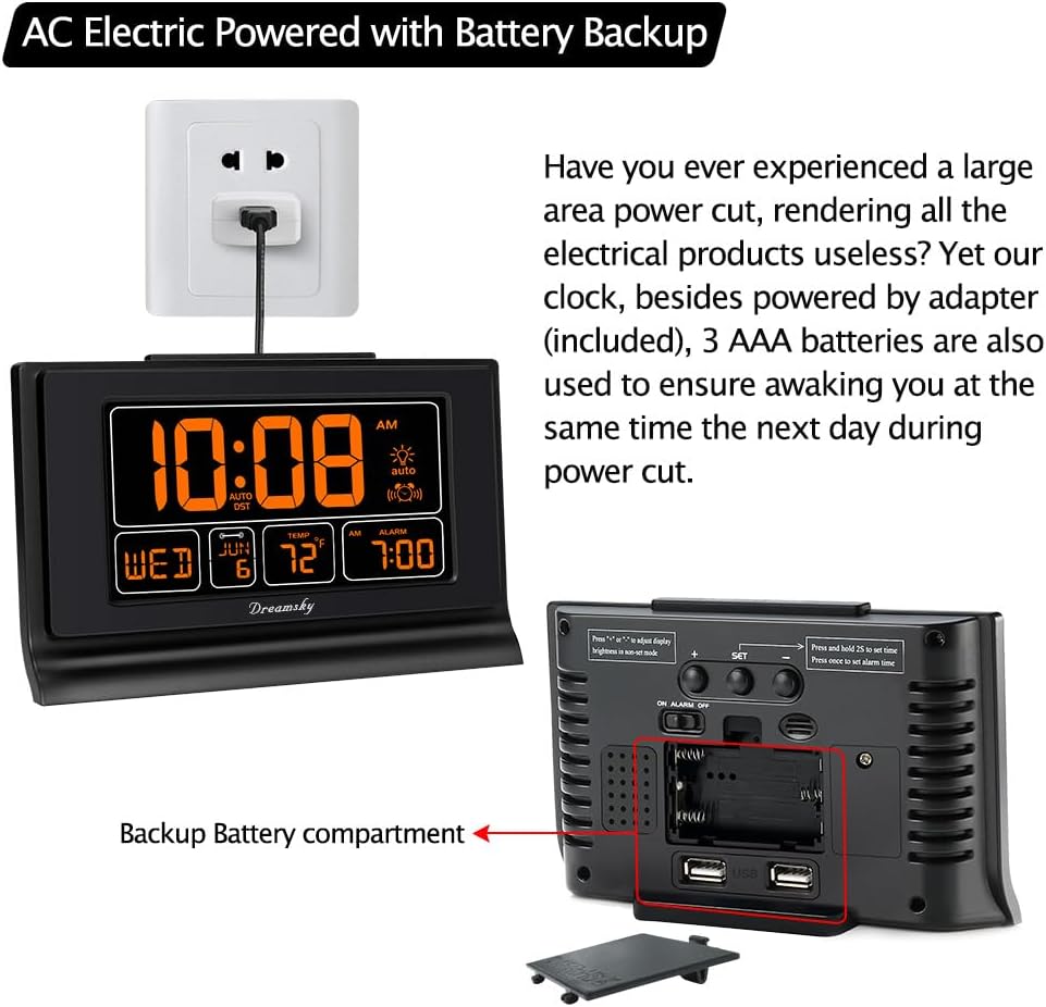 DreamSky Alarm Clocks for Bedrooms with Battery Backup, Auto Set | Digital Clock with Date & Day of Week, 5 Inch Large Display, Weekday, Temperature, USB Port, Auto DST, Brightness Dimmer