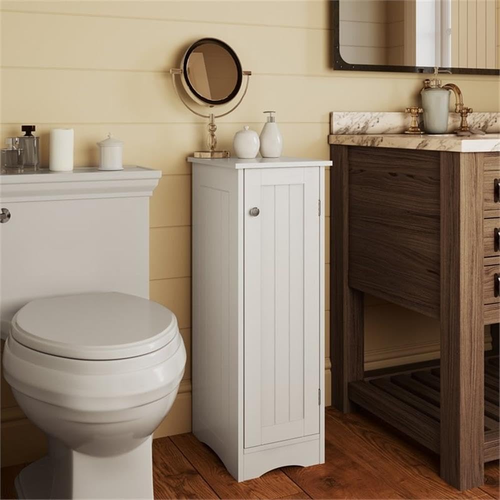 RiverRidge Ashland Single Door Slim Bathroom Storage Cabinet, White | Inset Beadboard Details
