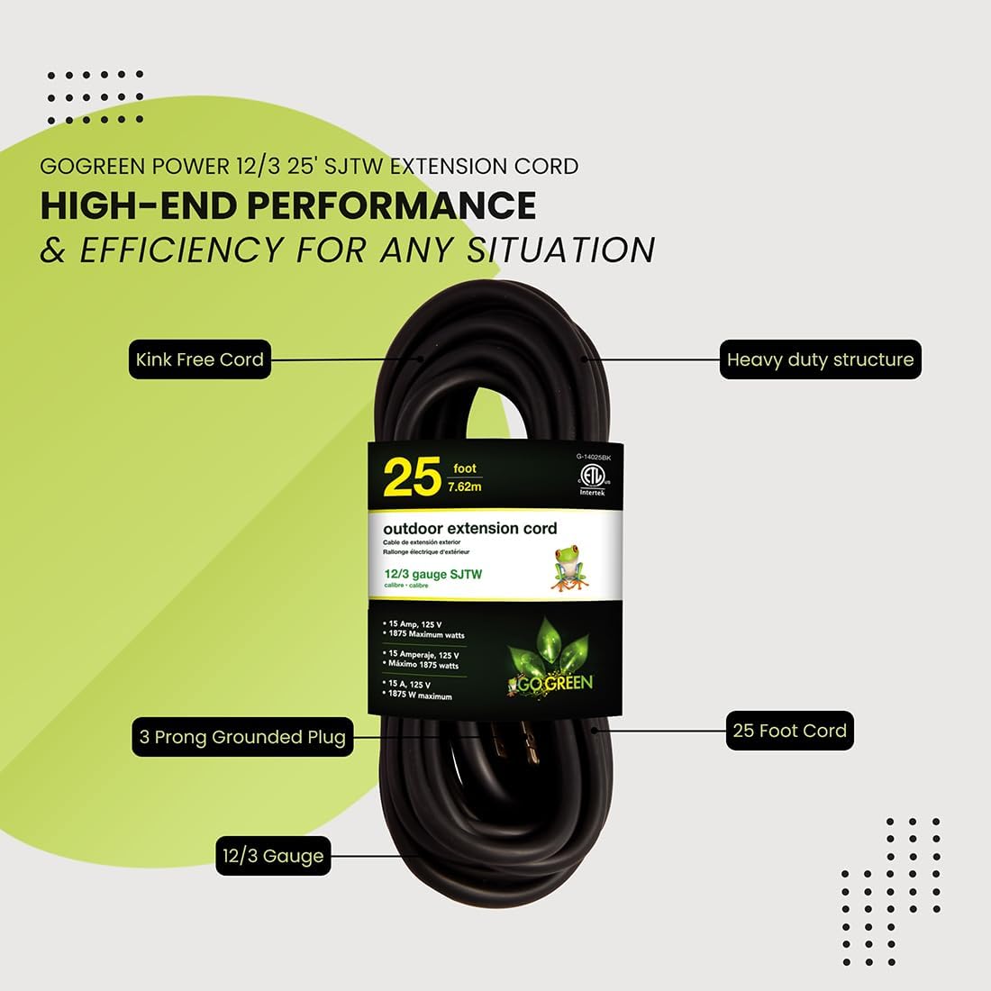 Go Green Power Inc. (GG-14025) 12/3 SJTW Outdoor Extension Cord, Lighted End, 25 ft