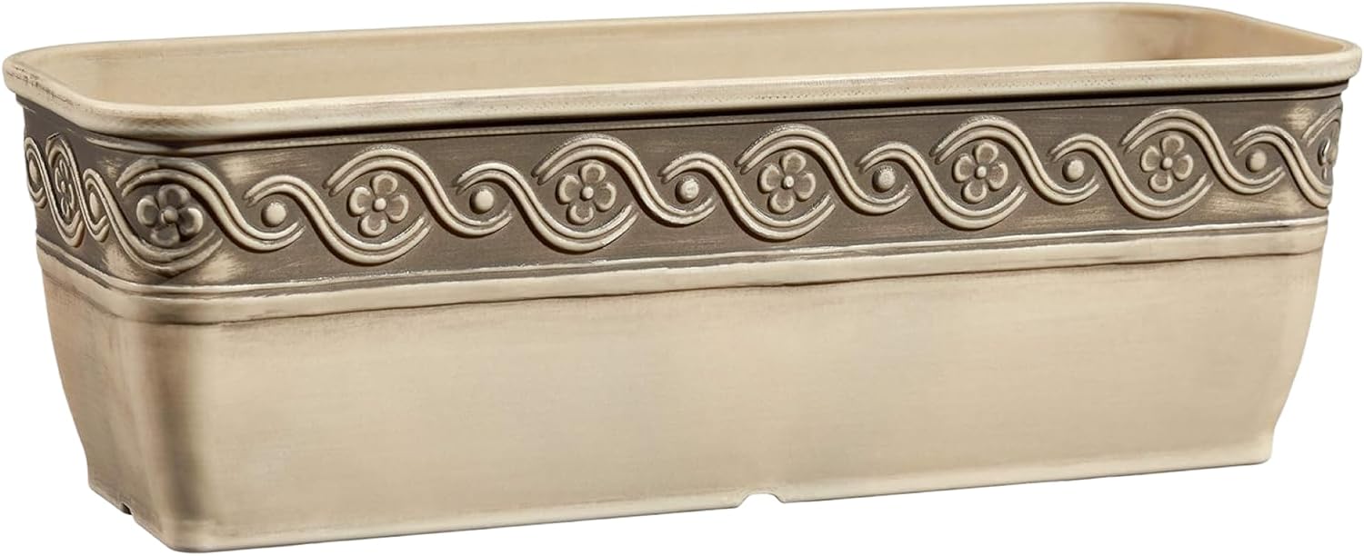 Corinthian Rectangular Planter Box w/Drain Plug, 10" Ivory Ash