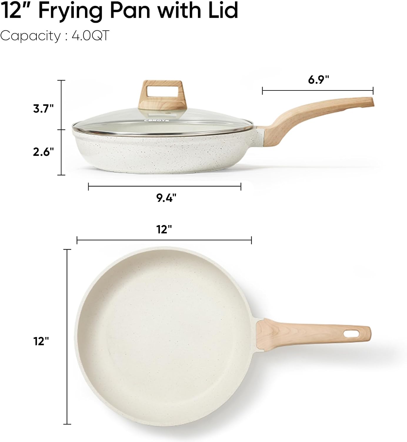 CAROTE Non Stick Frying Pan, 12 Inch Classic Granite Skillet with Glass Lid