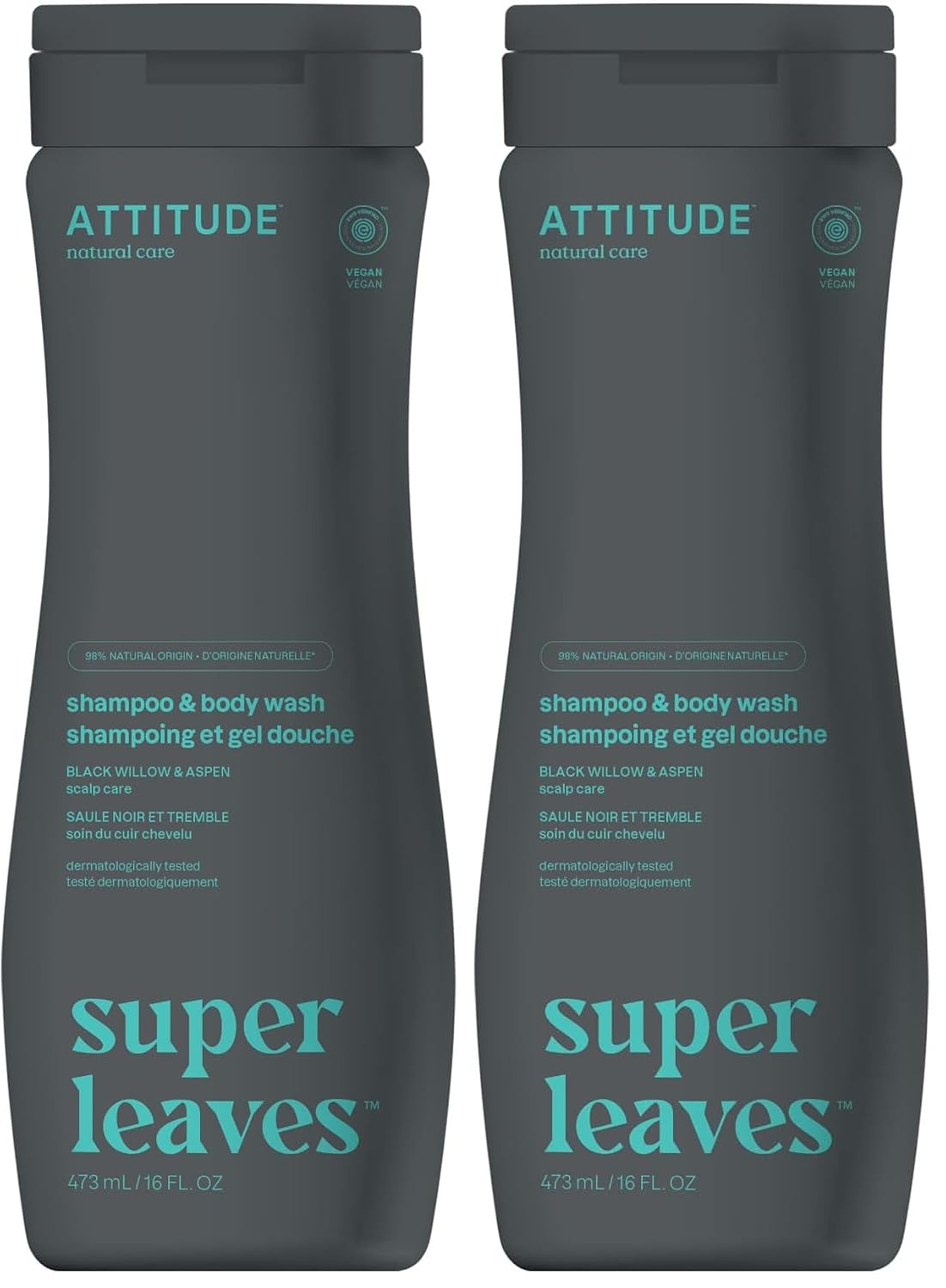 ATTITUDE 2-in-1 Body Wash & Shampoo for Men & Women, EWG Verified, Vegan, Natural Ingredients, Dermatologist-Tested, Ginseng and Grapeseed Oil, 16 Fl Oz