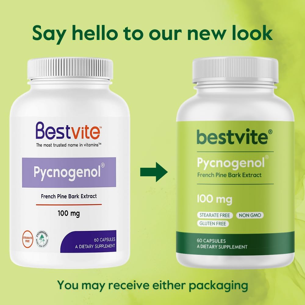 BESTVITE Pycnogenol 100mg (60 Caps) - French Maritime Pine Bark Extract | No Stearates - Gluten Free - Non GMO - Scientifically Studied - Healthy Aging Supplement* - Easy to Swallow Caps