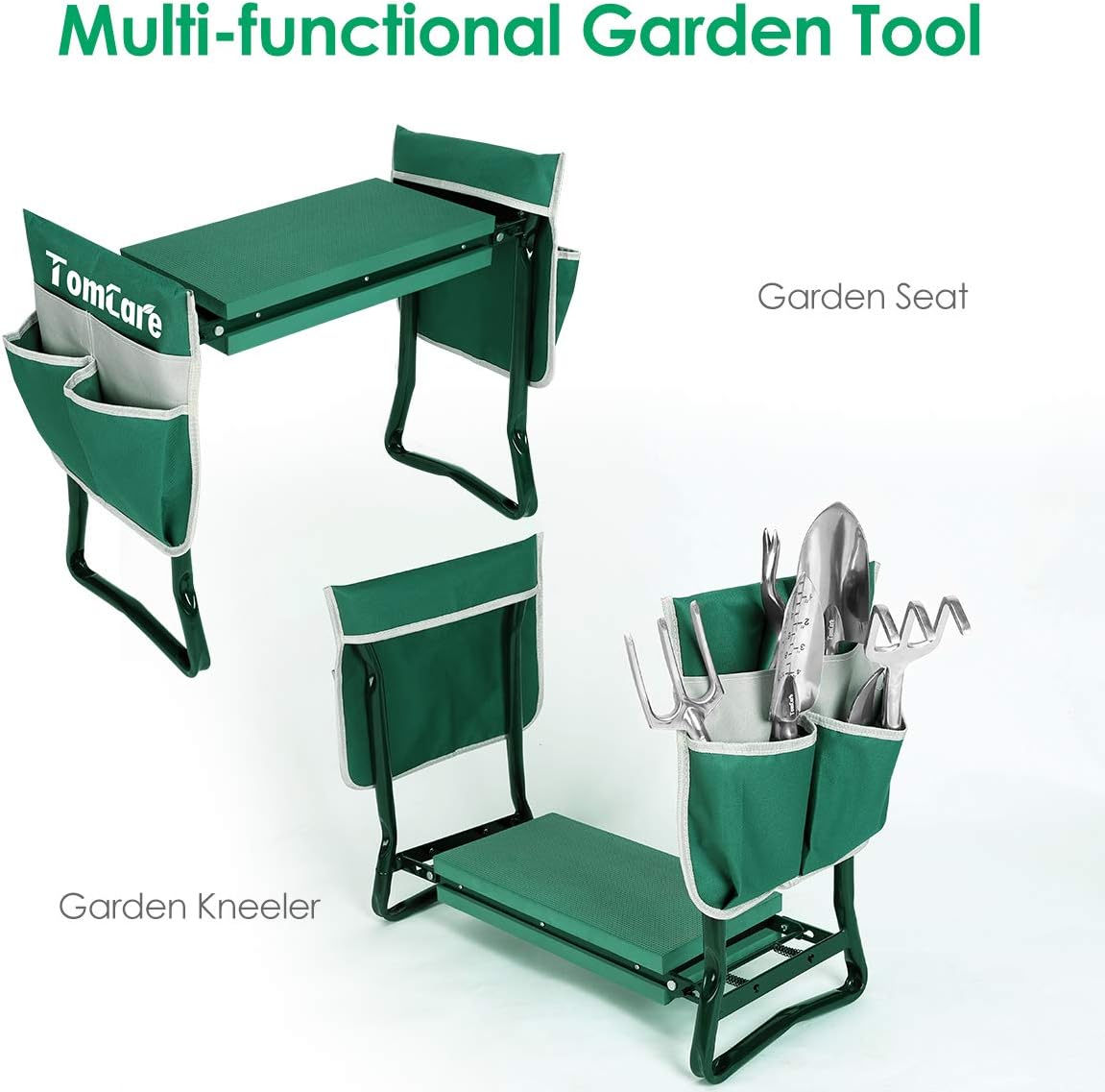 TomCare Garden Kneeler and Seat, 11.12" Kneeling Pad Sturdy Garden Bench | Heavy Duty Garden Stool, 450 lbs Load Capacity, 2 Tool Pouches, Foldable Design, Gardening Gift for Women, Men and Gardeners