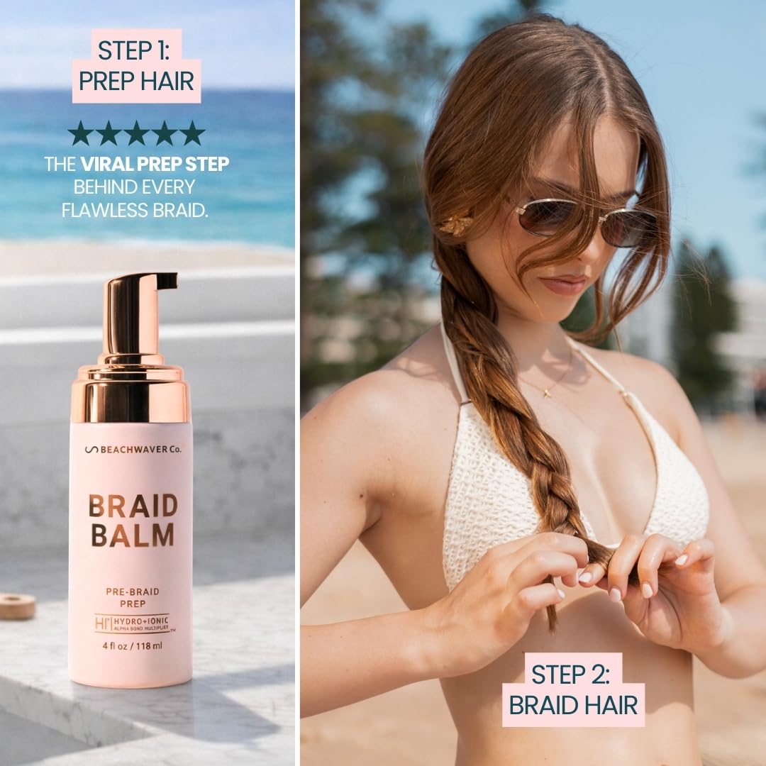 The Beachwaver Co. Braid Balm Pre-Braid Prep - Full Size (4 Fl Oz) | Frizz-Taming Primer Foam | Strengthen and Reduce Flyaways w/HiX Vegan Bond