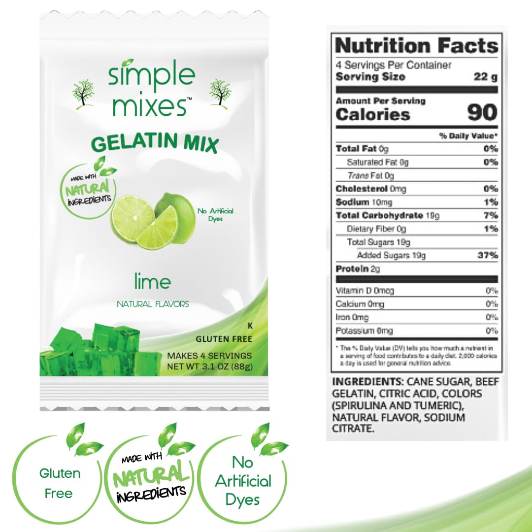 Simple Mixes Natural Gelatin Dessert, Lime, Kosher, 6 Pack of 3.1 oz each