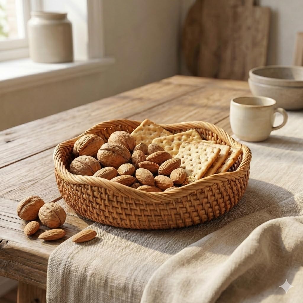 YANGQIHOME Rattan Bread Basket, Round Fruit Baskets, Wicker Storage Bowls, Natural Woven Serving Basket Bowls
