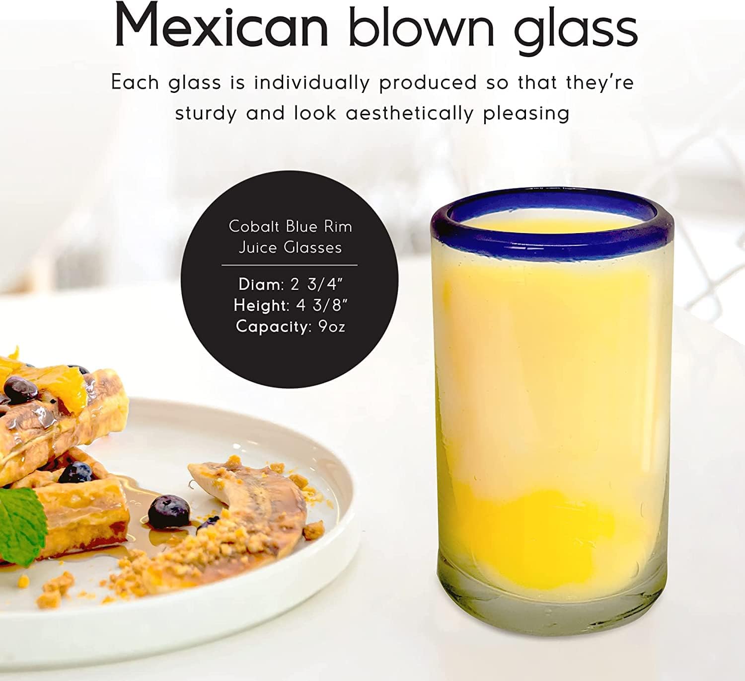 Cobalt Blue Rim 120 oz Pitcher and 6 Drinking Glasses set, Recycled Glass, Lead-free, Toxin-Free (Pitcher & Glasses)