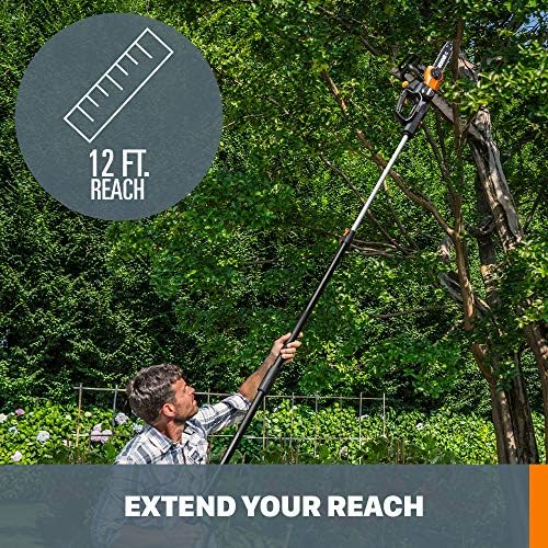 WORX Cordless Chainsaw, 20V 10" 2-in-1 Pole Saw with Auto-Tension, WG323 | 12' extra reach with pole, weighs 10 lbs, auto-tension chain adjustment