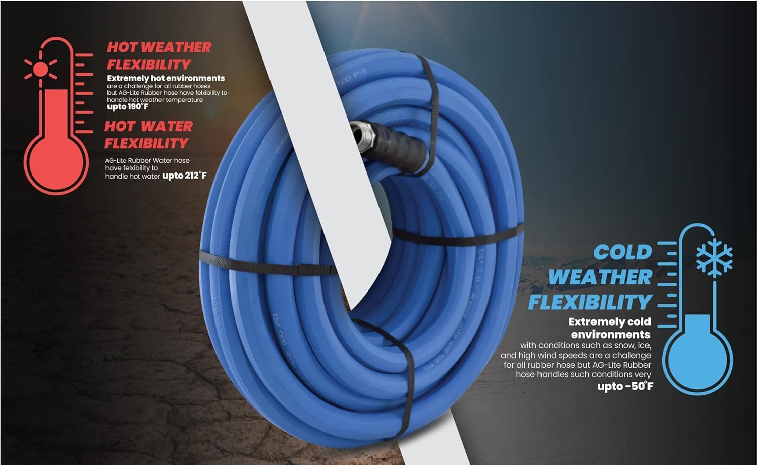 AG-LITE BSAL5825 5/8" x 25' Hot/Cold Water Rubber Garden Hose, 100% Rubber, Ultra-Light, Super Strong, 500 PSI, 50F to 190F Degrees, High Strength Polyester Braided