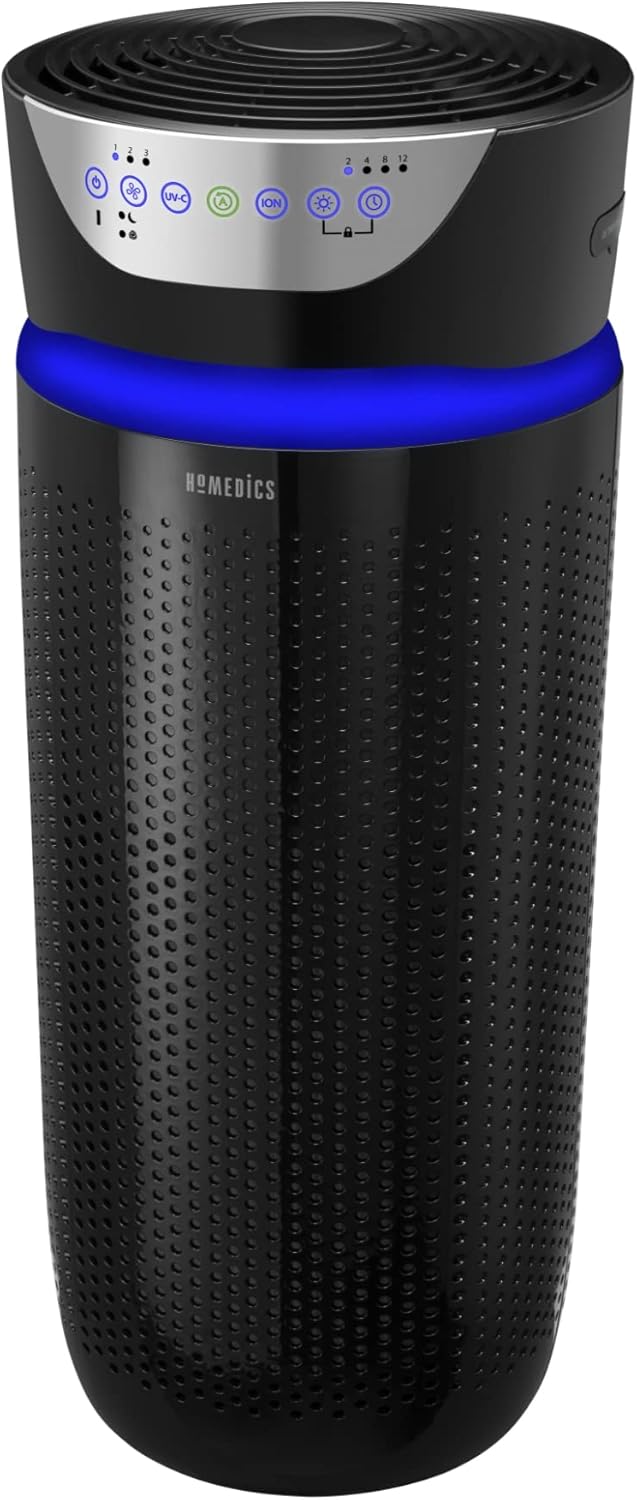 Homedics 5-in-1 UV-C Air Purifier - 360-Degree HEPA Filter for 1, 593 Sq Ft, Extra Large Air Purifiers for Bedroom and Home, Essential Oil Pads