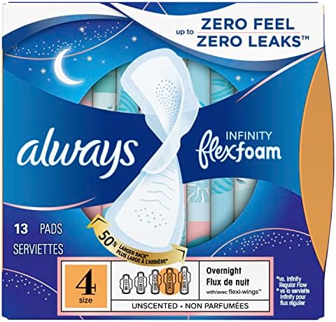 Always Infinity Feminine Pads for Women, Flexfoam Pads with Wings, Size 4, Overnight Absorbency, Unscented, 38 Count