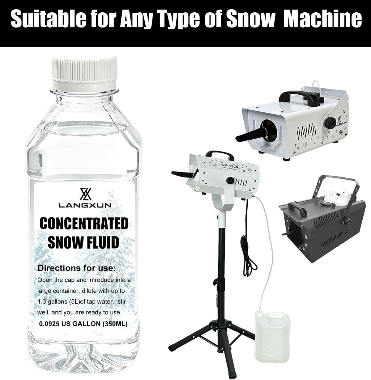 LANGXUN Flakes Snow Machine Fluid, 5 Bottles Concentrated Snow Fluid With 1pcs 1.32 gallon diluted storage bag