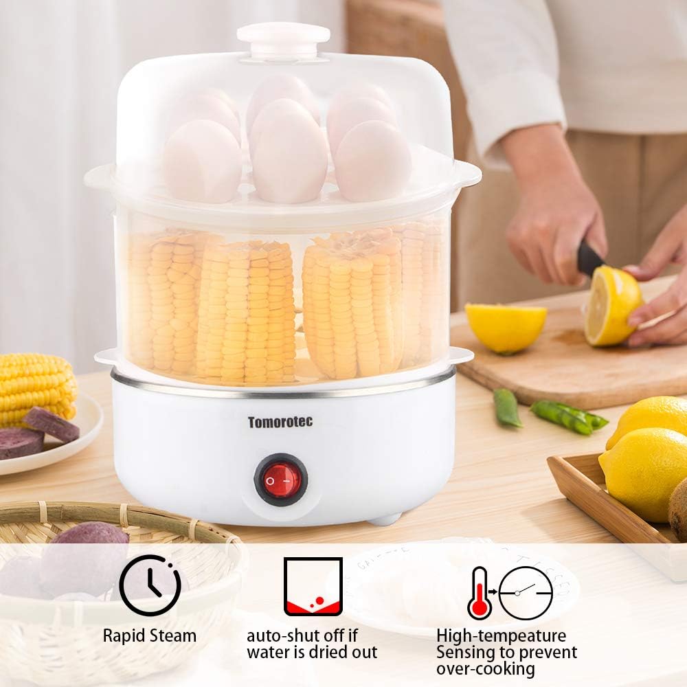 Tomorotec 14 Egg Cooker, Electric Hard Boiled Egg Boiler & Poacher, Steamer | 2-Tier Auto Shut-Off, for Vegetables, Seafood & Dumplings