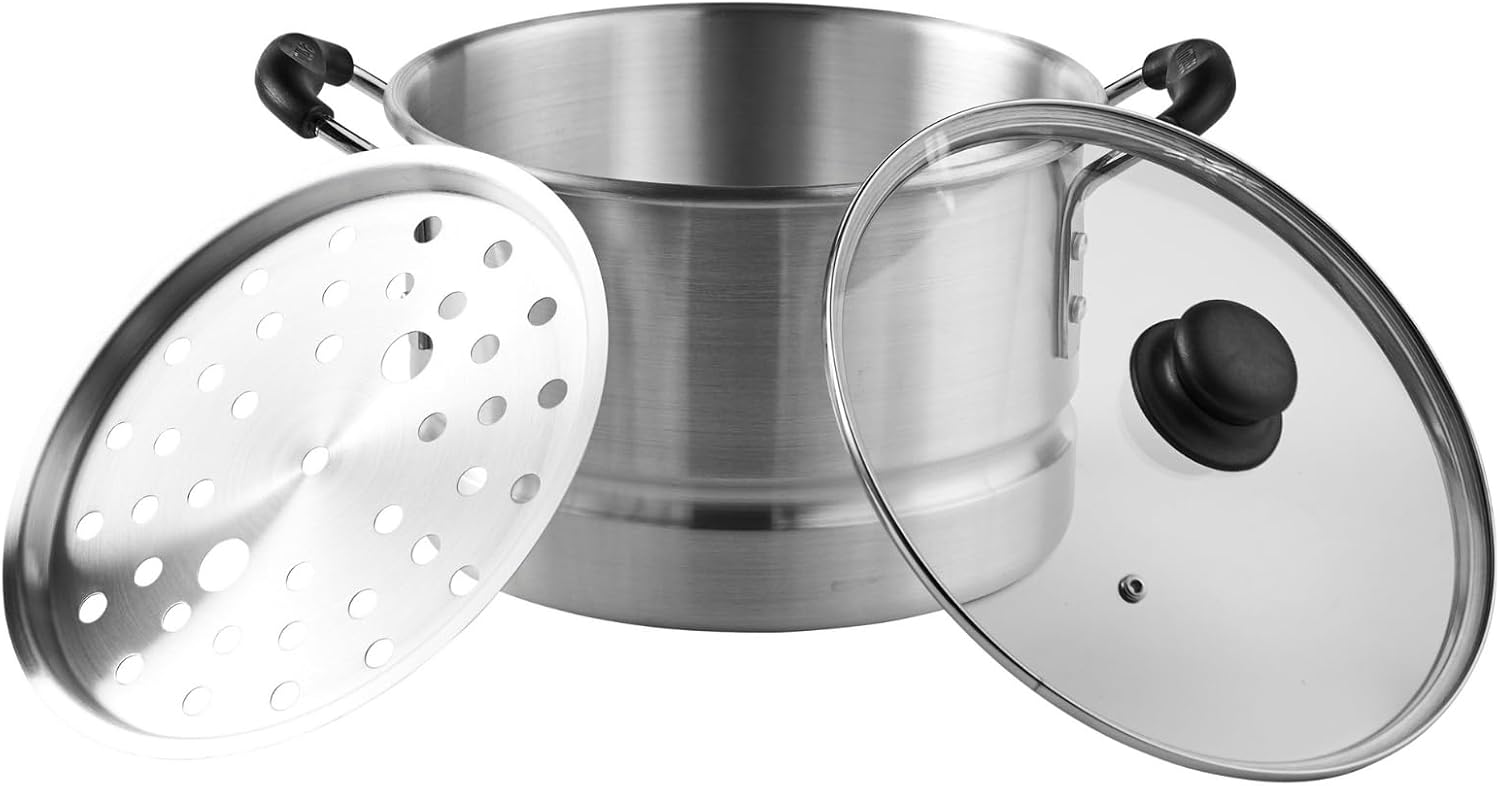 IMUSA USA MEXICANA-410 Aluminum Steamer with Glass Lid 10-Quart, Silver, 10Qt | Brushed Finish, Cool-Touch Handles with Glass Lid, Ideal for Tamales, Great for Family Meals