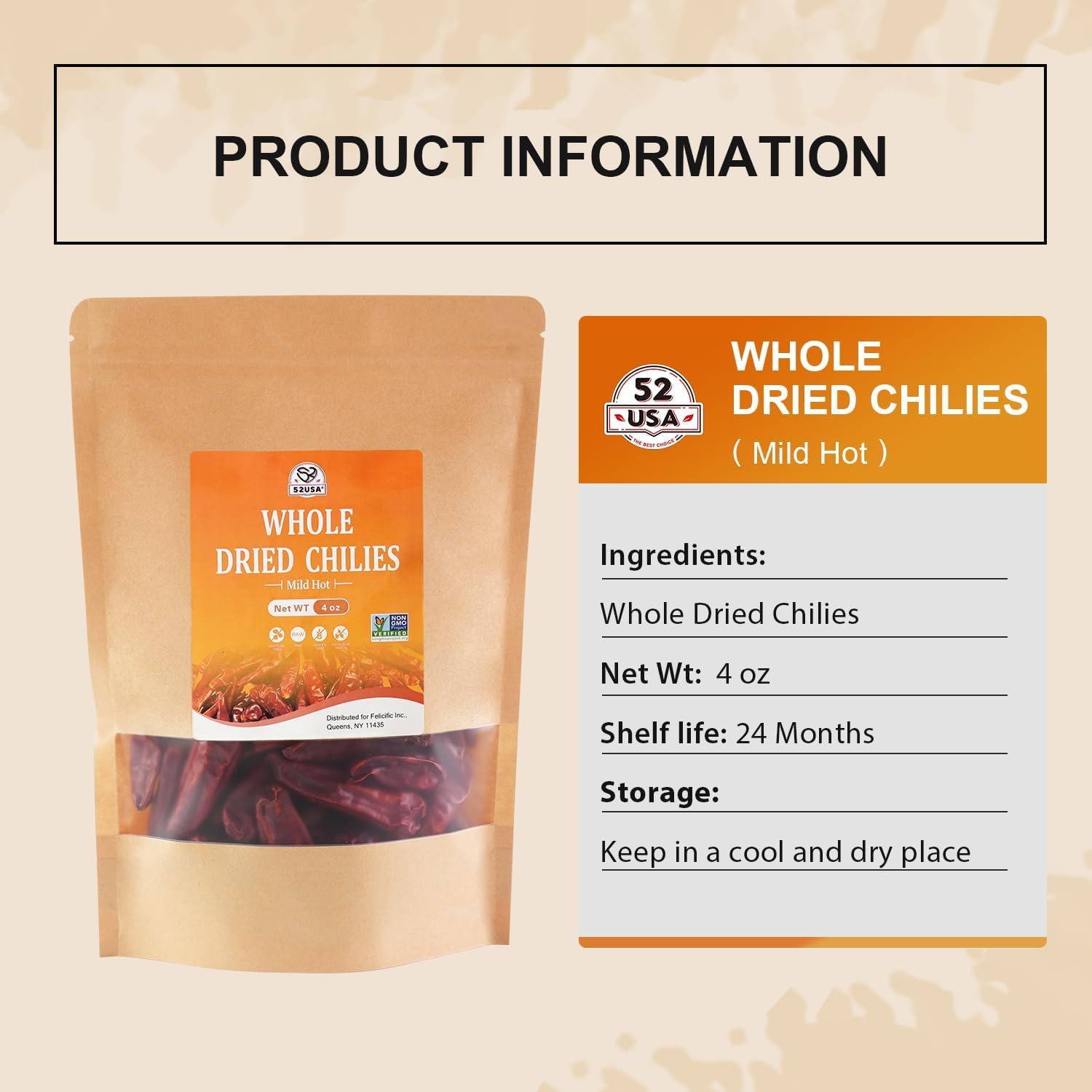 52USA Dried Chilli Peppers, Whole Dried Chilies 4 oz, Mild Spicy Chili Peppers, 100% Natural & Premium Sichuan Red Dry Chilis, Red Chili Peppers