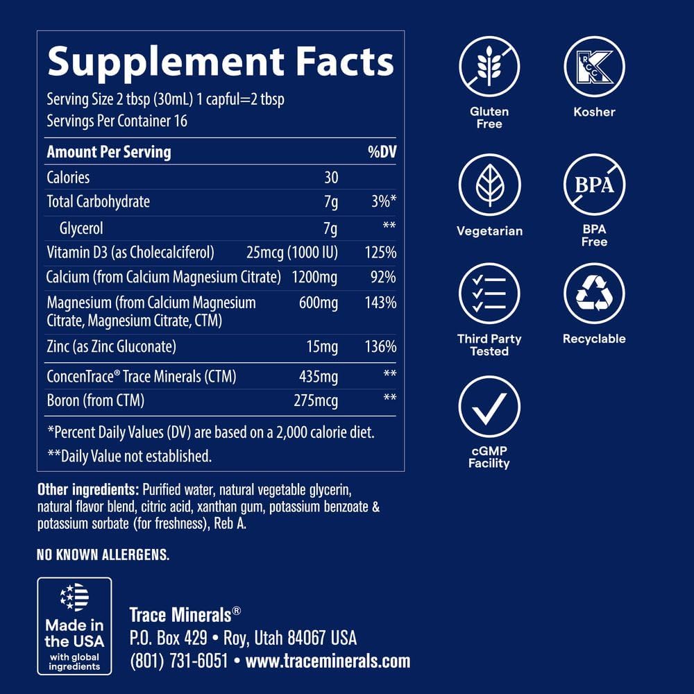Trace Minerals Liquid Cal Mag Zinc with Vitamin D3, 16 fl oz, Pina Colada | Ionic trace minerals for absorption, Bone, muscle, and connective tissue health, 1-2 tbsp daily, Refrigerate after opening