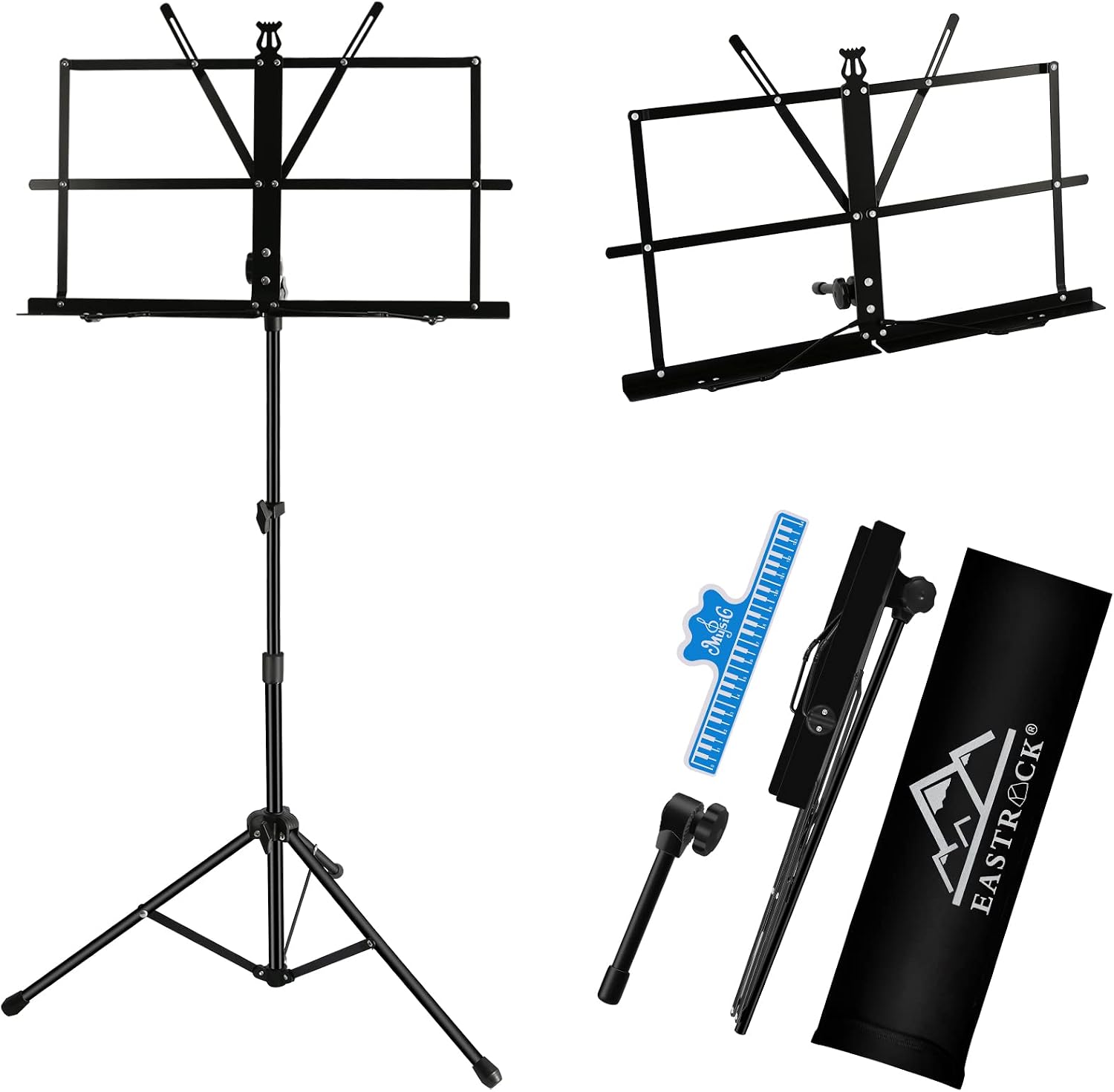EASTROCK Foldable Sheet Music Stand, 28"-54" Adjustable Height | Lightweight Metal, 2-in-1 Desktop and Floor Stand, with Carrying Bag and Clips