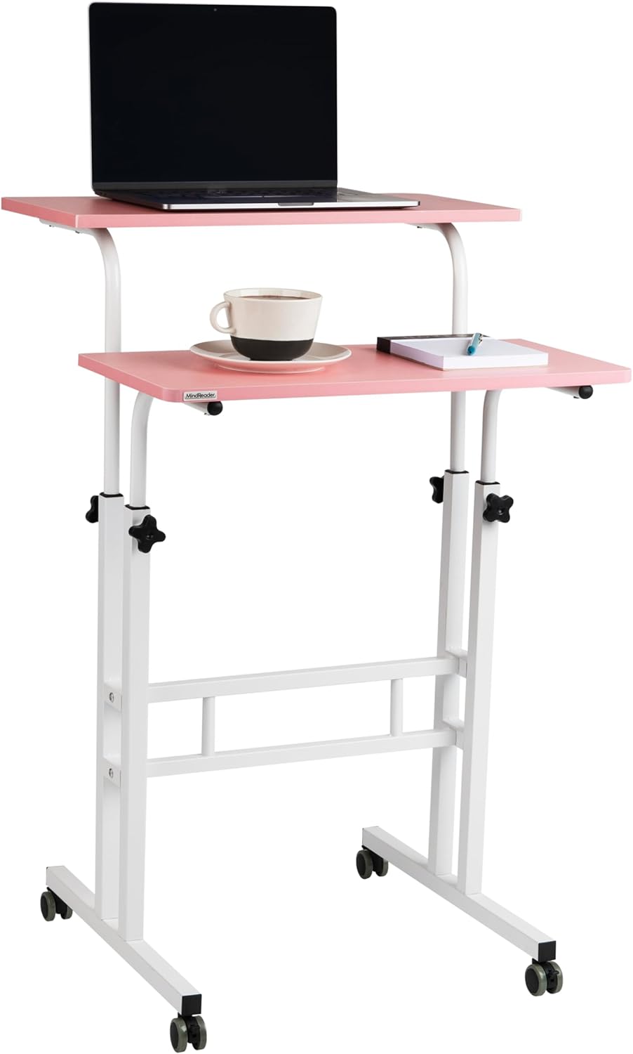 Mind Reader Standing Desk, Adjustable Height Laptop Workstation, Portable Rolling Desk on Wheels, Two-Tier Metal Frame, Black