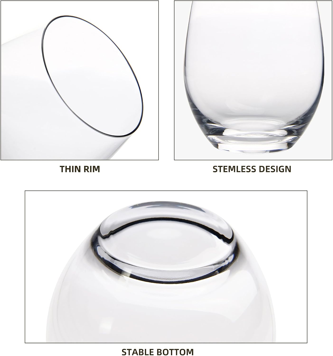 FAWLES Stemless Wine Glasses Set of 12, 15 Ounce Smooth Rim Standard Wine Glass Tumbler for Red, White Wine, Dishwasher Safe