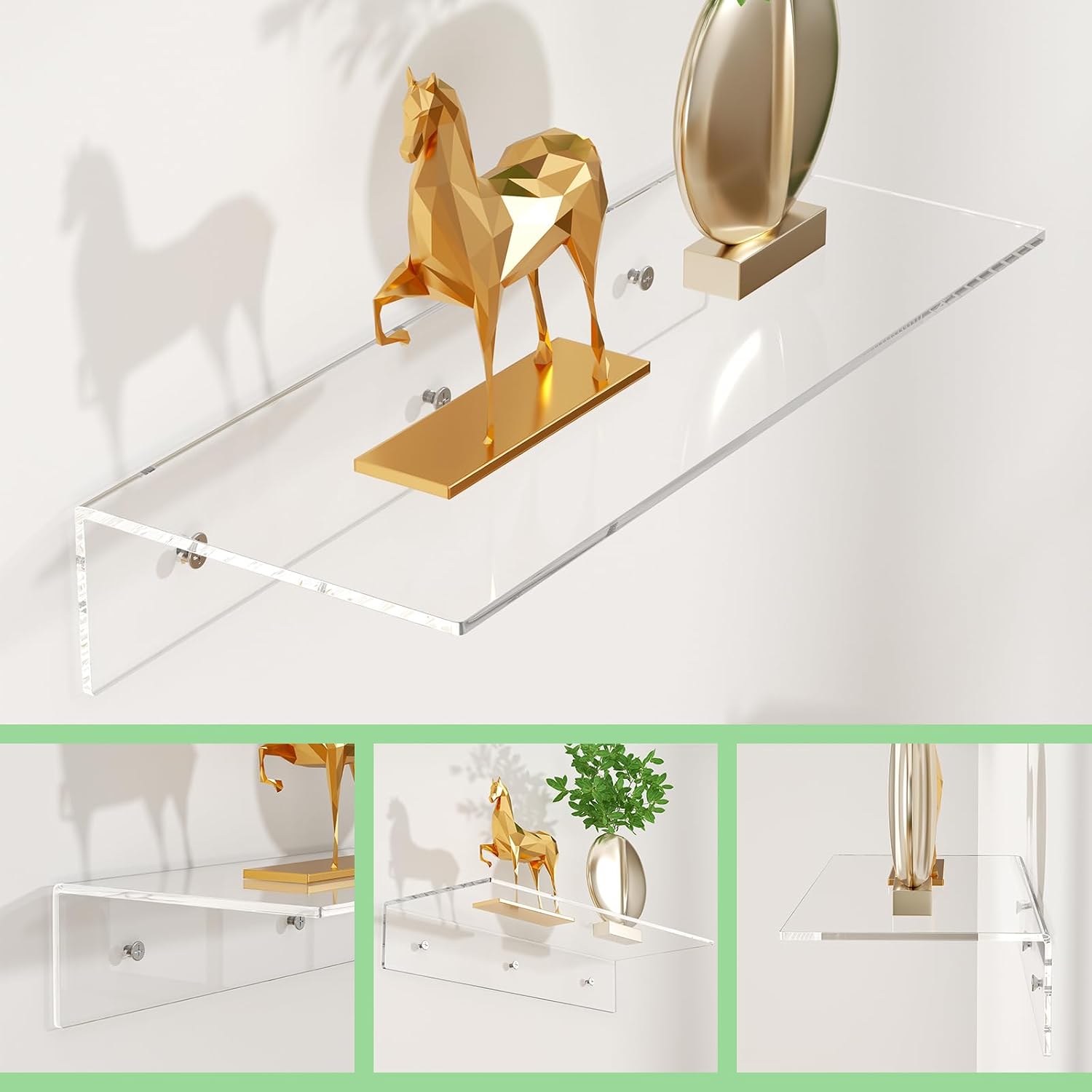 FEMELI 2 PCS 12" Acrylic Floating Shelves, Clear Shelf for Wall Display