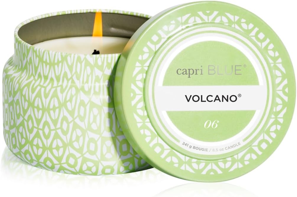 Capri Blue Volcano Printed Travel Tin Jar Candle - Luxury Candle with a Long Lasting Soy Wax Blend - Scented with Tropical & Fruity Fragrance (Blue Color, 8.5 oz)