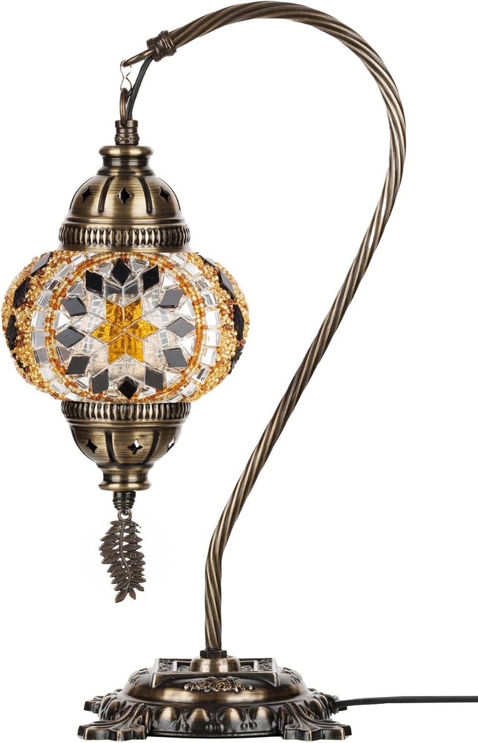 DEMMEX Turkish Table Lamp Moroccan Bedside Light Handmade Tiffany Mosaic Glass Boho Artisan Accent Lighting for Bedroom Living Room, Antique Brass Finish – 15" H, Multicolor