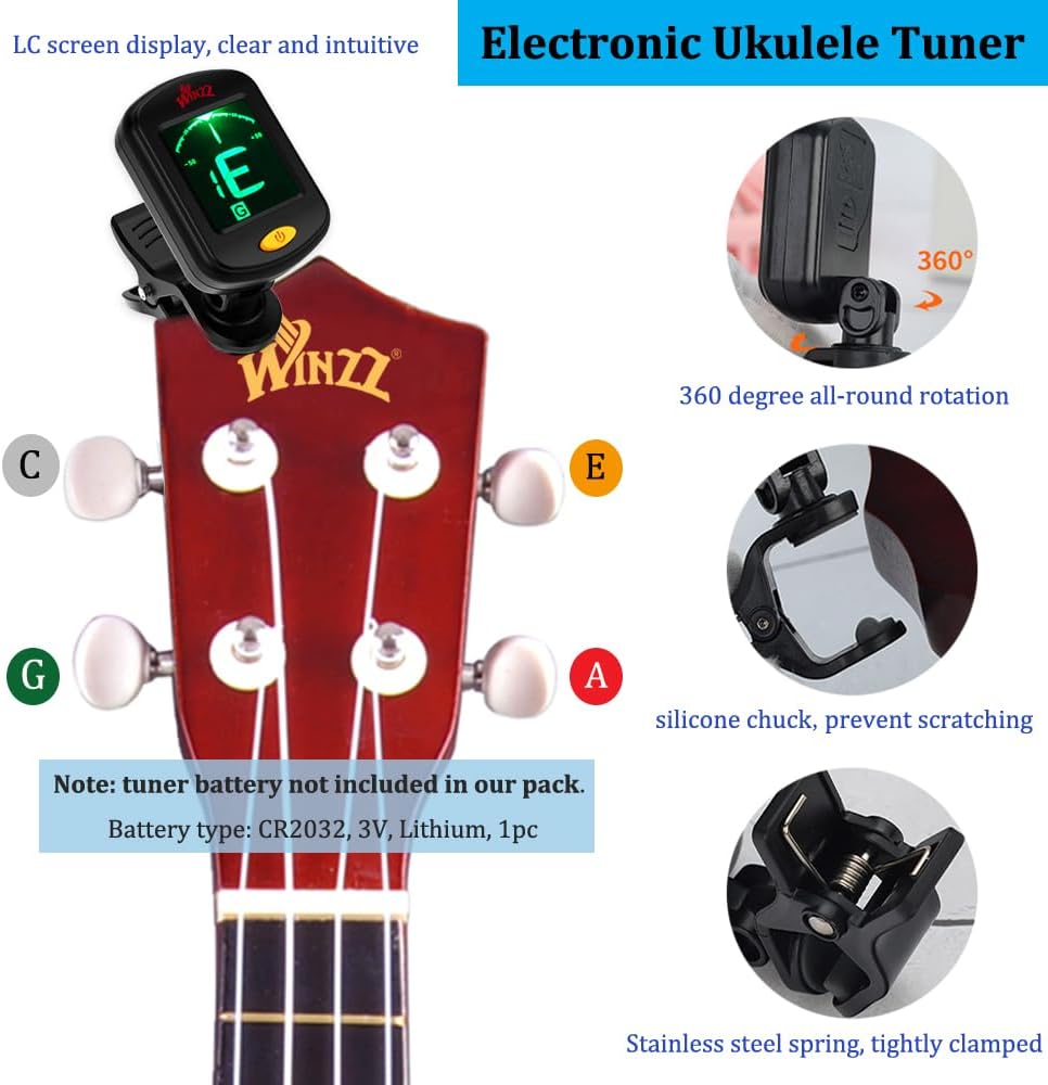 Winzz Soprano Ukulele Starter Kit For Beginners with Bag, Clip-On Tuner, Extra Strings, Strap, Plectrum, Fret Stickers, Chords Card, Polishing Cloth, Black