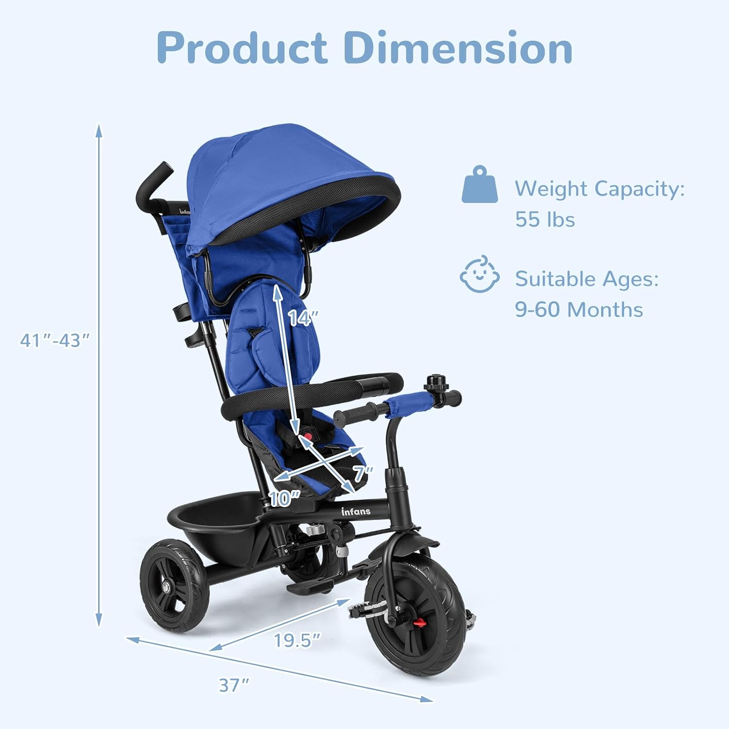 INFANS Kids Tricycle, 6 in 1 Stroll Trike with Adjustable Push Handle, Removable Canopy, Retractable Foot Plate, Lockable Pedal, Detachable Guardrail, Suitable for 10 Months to 5 Years (Blue)