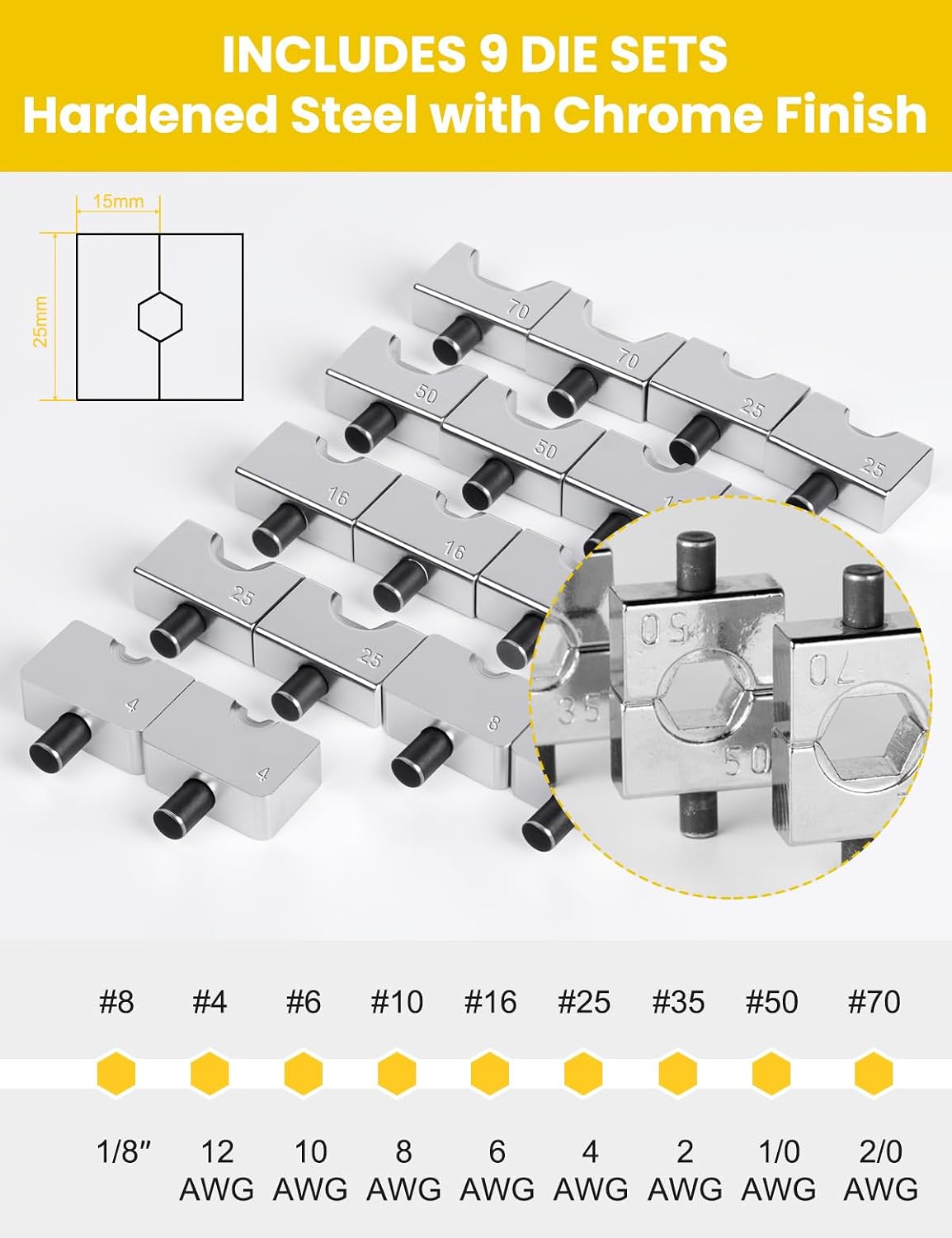 10 Tons Hydraulic Crimping Tool, 12 to 2/0 AWG battery cable crimper | 9 Pairs of Dies hydraulic crimper, for Battery Cable Lugs, Cable Railing, Marine, RV and Solar Wiring